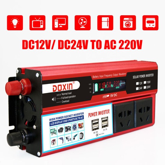 6000W Peak DC 12V/24V to AC 220V Power Inverter Digital Modified Sine Wave 4 USB Port 2 Sockets