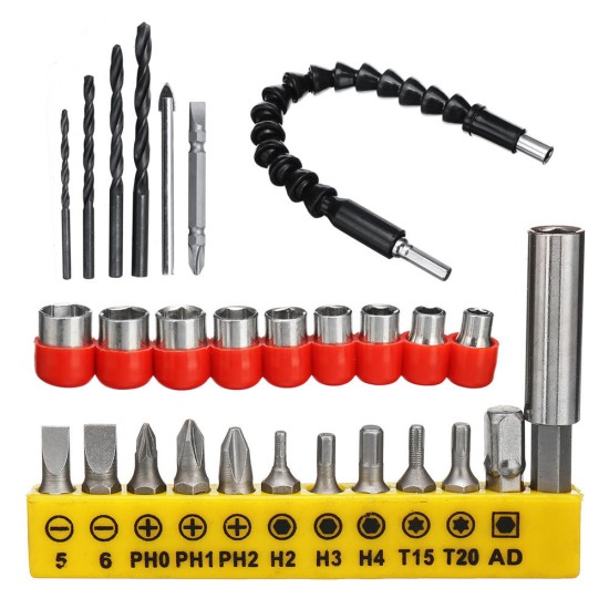 28pcs Drill Bits Set Including 18pcs Screwdriver Bit 9pcs Screw Extractor 1pc Shaft Drill