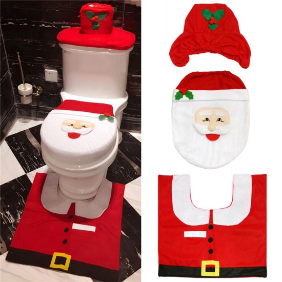 3pcs Christmas Xmas Decoration Santa Toilet Seat Cover + Rug Bathroom Mat Set Floor Mat
