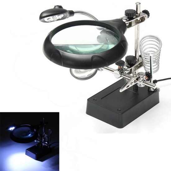 5 LED Light Magnifier Magnifying Glass Helping Hand Soldering Stand with 3 Lens