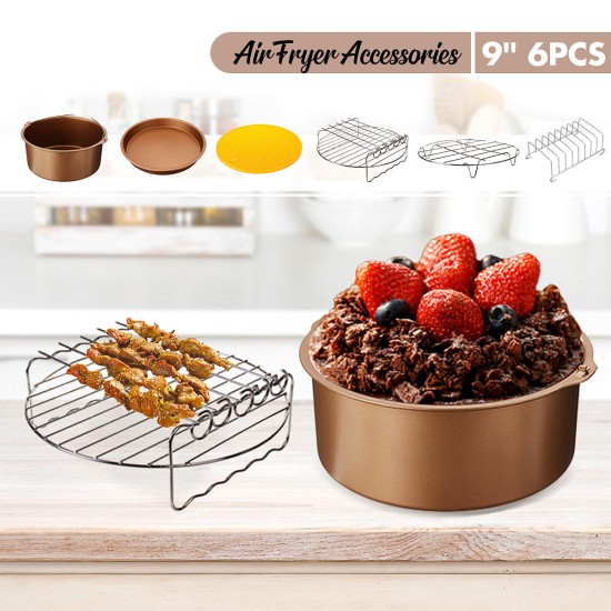 6pcs 9 Inch Non-stick Air Fryer Accessories Set Cake Pizza BBQ Roast Baking Tools For 5.3-6.8QT Air Fryer