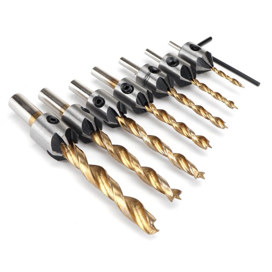 7/8Pcs 3-10mm Round Shank Titanium Coated Countersink Drill Bit Set Replacement Three Point Drill Set Carpentry Boring Tool With Hexagon L-Wrench