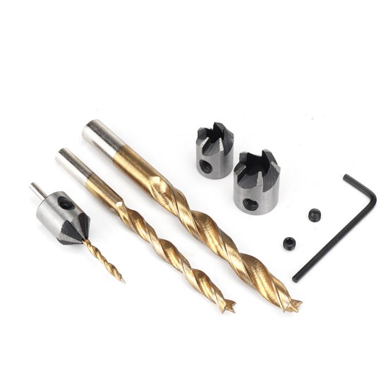 7/8Pcs 3-10mm Round Shank Titanium Coated Countersink Drill Bit Set Replacement Three Point Drill Set Carpentry Boring Tool With Hexagon L-Wrench