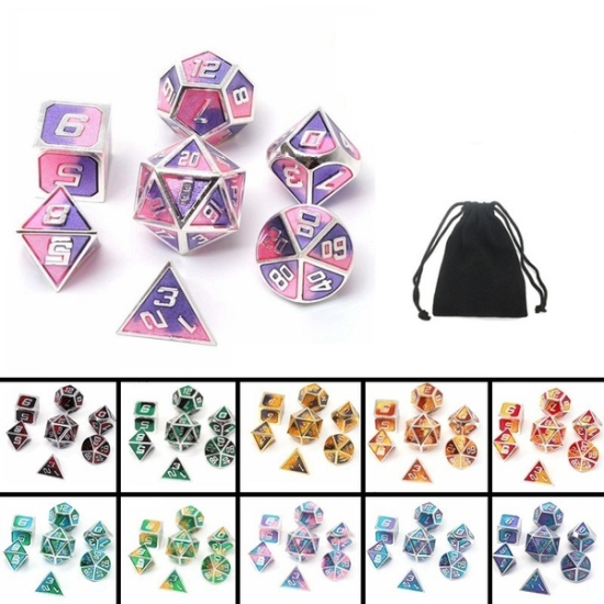 7Pcs Mixed Color Polyhedral Dice Metal RPG Dices Set with Velvet Bag Dungeons and Dragon Black Table Games kirsite Math Teaching