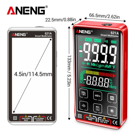 621A 9999 Counts Auto Range Full-screen Touch Smart Digital Multimeter Rechargeable DC/AC Voltage Current Tester Meter