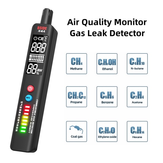 X4A Combustible Gas Leak Tester Air Temperature Humidity Tester Portable Natural Gas Sniffer Combustible Gas Propane Methane Butane with 8 LED