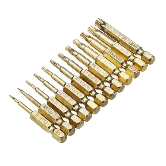 12pcs Gold T5-T40 50mm Magnetic Torx Screwdriver Bits 1/4 Inch Hex Shank