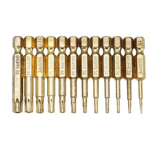 12pcs Gold T5-T40 50mm Magnetic Torx Screwdriver Bits 1/4 Inch Hex Shank