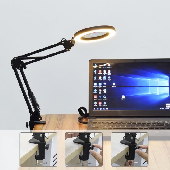 Flexible Desk Large 33cm+33cm 5X USB LED Magnifying Glass 3 Colors Illuminated Magnifier Lamp Loupe