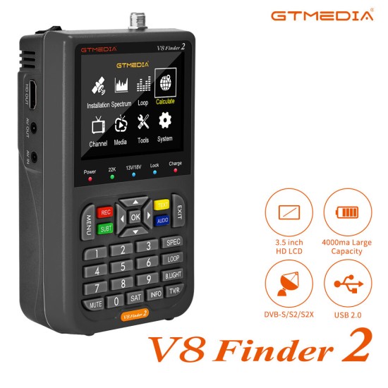 V8 Finder2 Handheld Satellite Meter 3.5 Inch High Definition LCD Screen DVB-S/S2 MPEG-2/4 H.264(8 Bit) Satellite Finders with 4000mAh Li-ion Battery