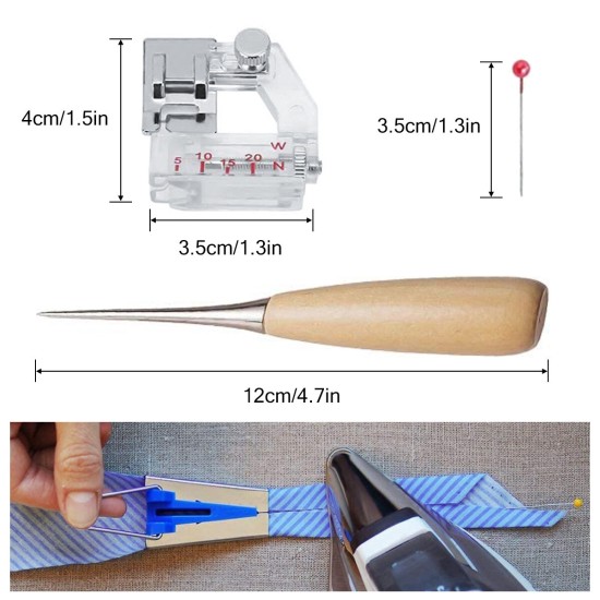 Sewing Tape Maker Kits 4 Sizes 6/12/18/25MM Household DIY Fabric Patchwork Sewing Accessories with Binding Foot Craft Clips Awl Quilters Pin