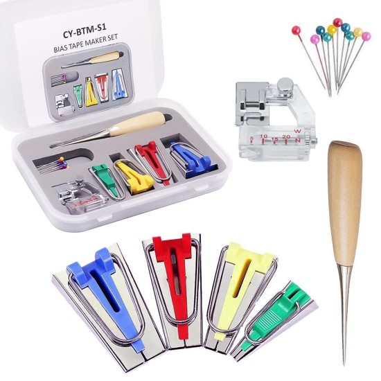 Sewing Tape Maker Kits 4 Sizes 6/12/18/25MM Household DIY Fabric Patchwork Sewing Accessories with Binding Foot Craft Clips Awl Quilters Pin