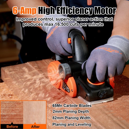 EP-1 6-Amp Electric Hand Planer 16500/min 3.2inch Wood Planer with Adjustable Planing Depth Power Planer for Chamfer Home DIY Dual Side Dust Outlet