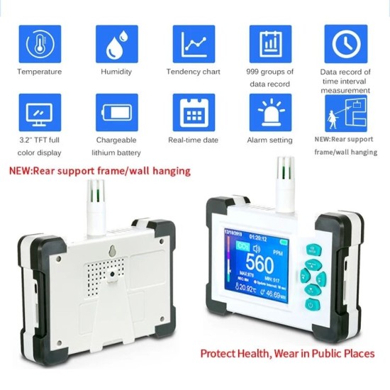 Upgraded SR-510A Carbon Dioxide Monitor with Rechargeable Battery Portable CO2 Meter Tester CO2 Sensor with PDF Output Function