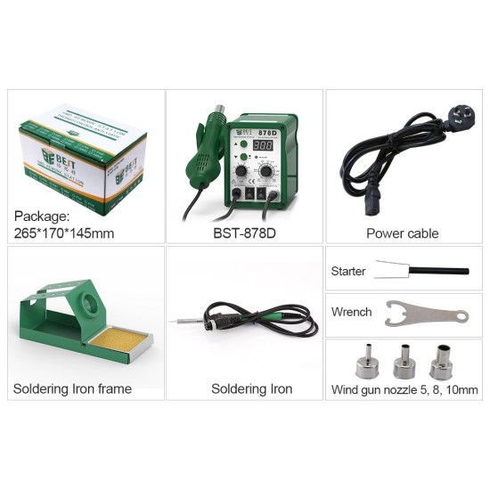 878D 2 in 1 110V/220V Digital Display Lead-free Hot Air Gun Soldering Rework Station with 3 Nozzles