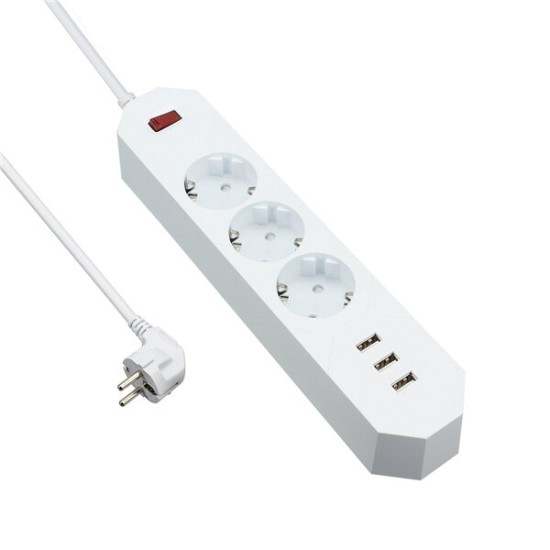 YA-18WS-3AE3U 3 Outlet EU Socket Power Strip Adaptor with 3 USB Charging Ports