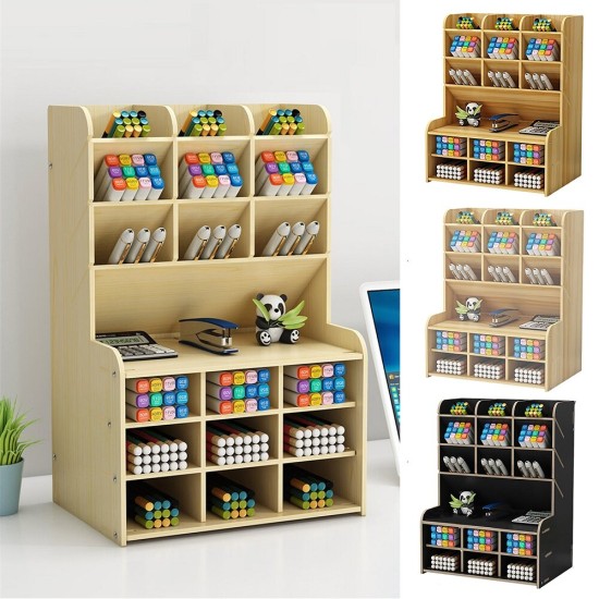 Pen Holder Storage Box Wood Pencil DIY Desktop Container Studentsk Case Rack