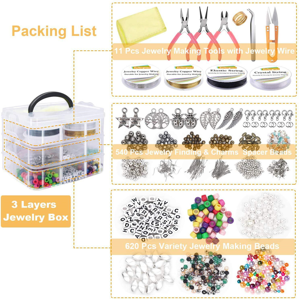 1171Pcs-Jewelry-Making-Tools-Beads-DIY-Bracelet-Earring-Accessories-w-3-Layers-Jewelry-Box-1697231-2