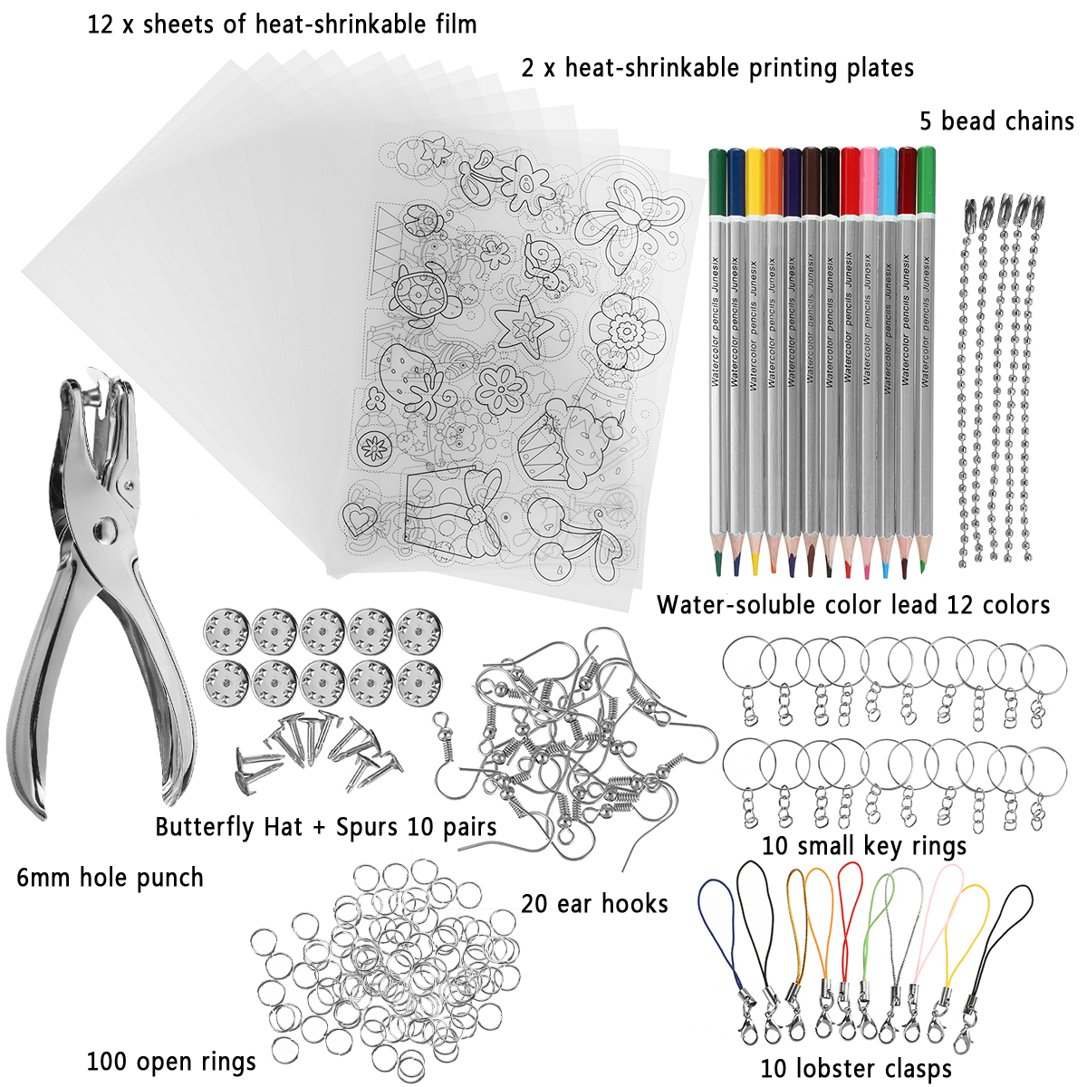 182Pcs-Heat-Shrink-Plastic-Sheets-Kit-Shrinky-Art-Paper-Hole-Punch-Keychains-DIY-1694895-2