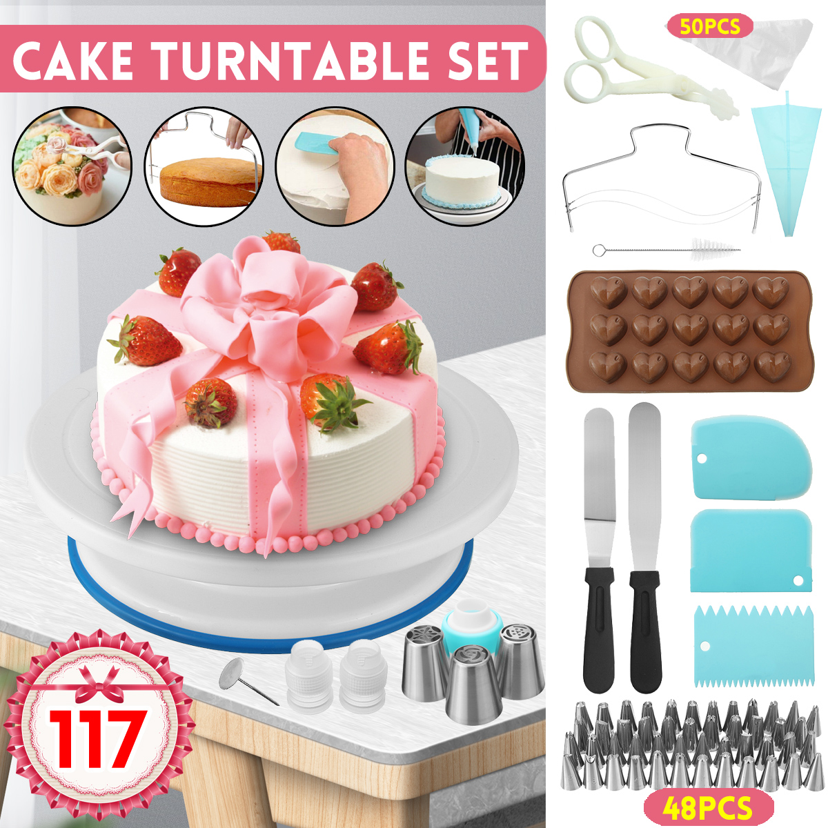 117Pcs-Cake-Decorating-Tool-Kit-Baking-Fondant-Supplies-Turntable-Bag-Tip-Spatula-1776531-1