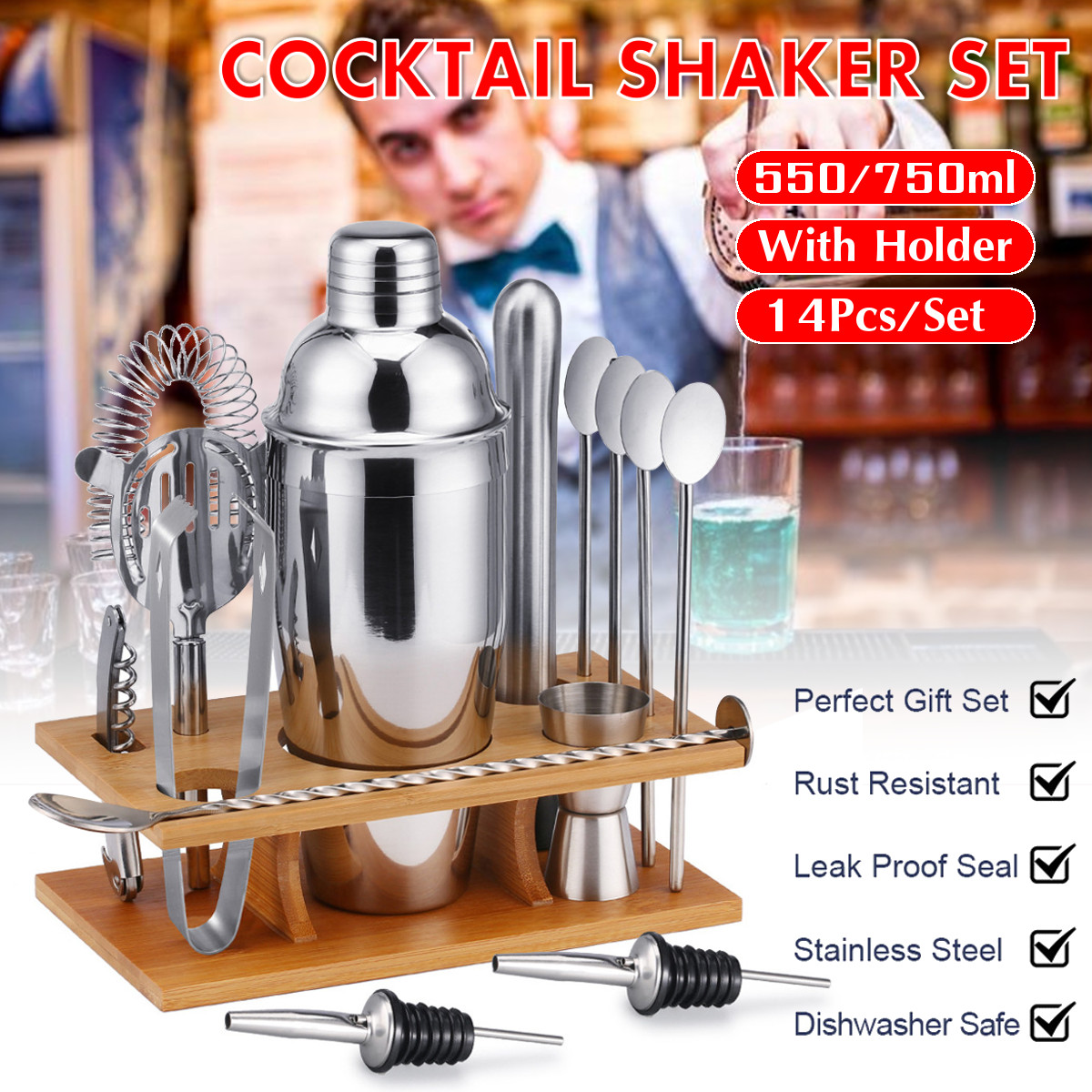 14Pcs-Cocktail-Shaker-Set-Mixer-Martini-Spirits-Bar-Spoon-Jigger-Strainer-Stand-1739695-1