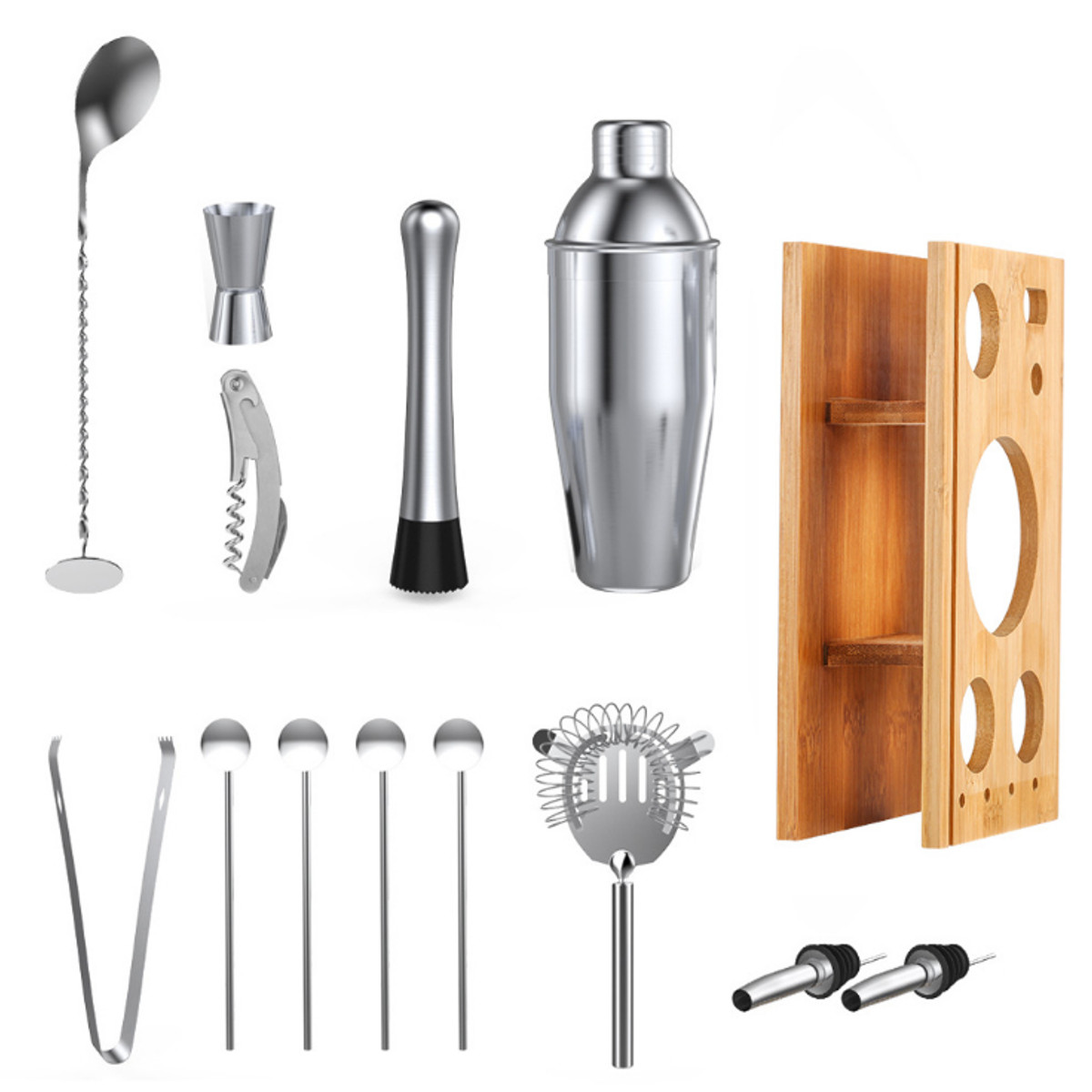 14Pcs-Cocktail-Shaker-Set-Mixer-Martini-Spirits-Bar-Spoon-Jigger-Strainer-Stand-1739695-11