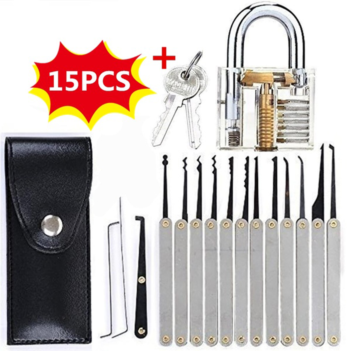 15PcsSet-Lock-Training-Skill-Set-Clear-Practice-Padlock-Tools-Locks-Key-Kits-1739782-1