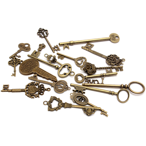 18pcs-Antique-Vintage-Old-Look-Skeleton-Key-Lot-Pendant-Heart-Bow-Lock-996990-1