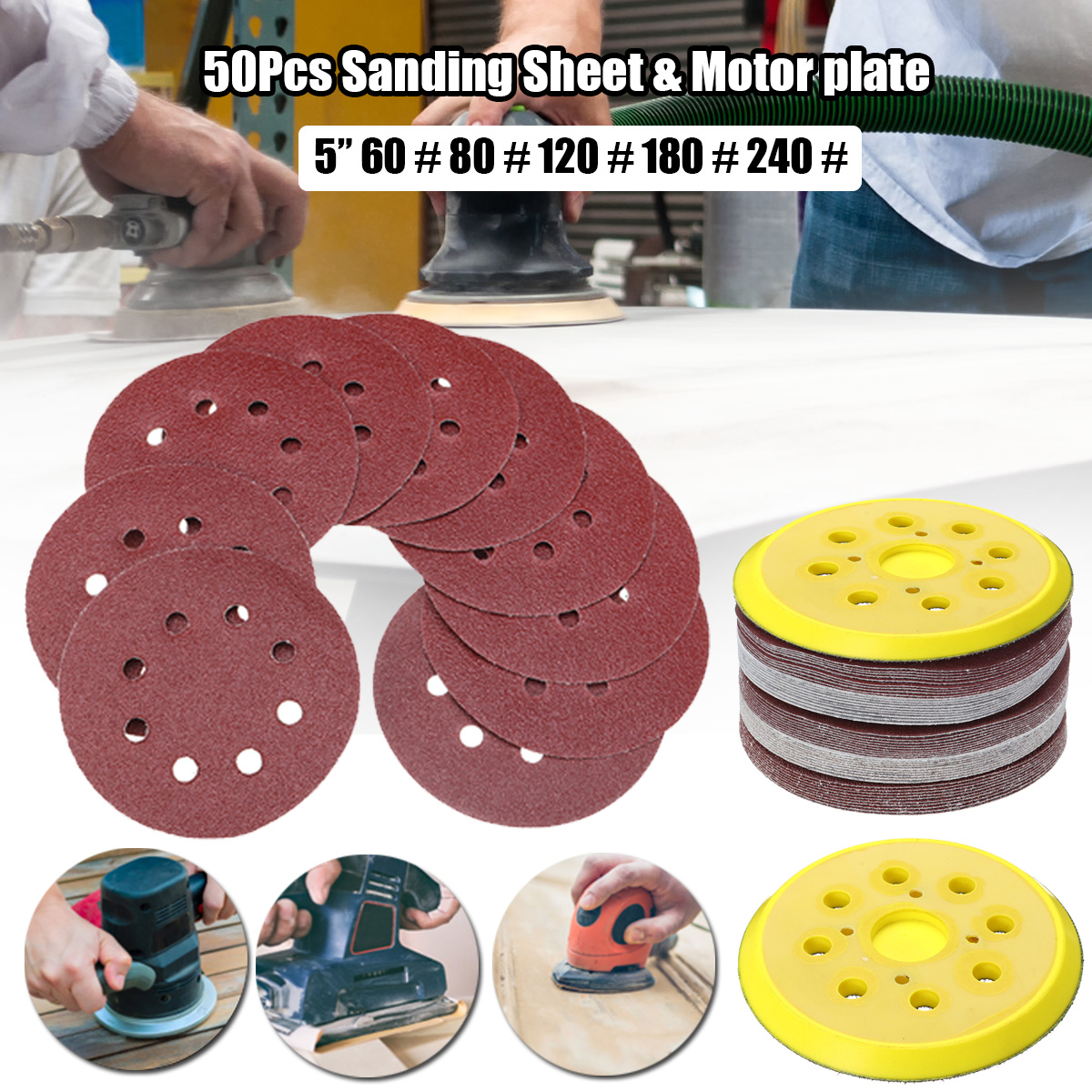 50pcs-125mm-60-240-Grit-Sanding-Sheet-8-Hole-Pads-Sandpaper-with-Polishing-Pad-1628739-1