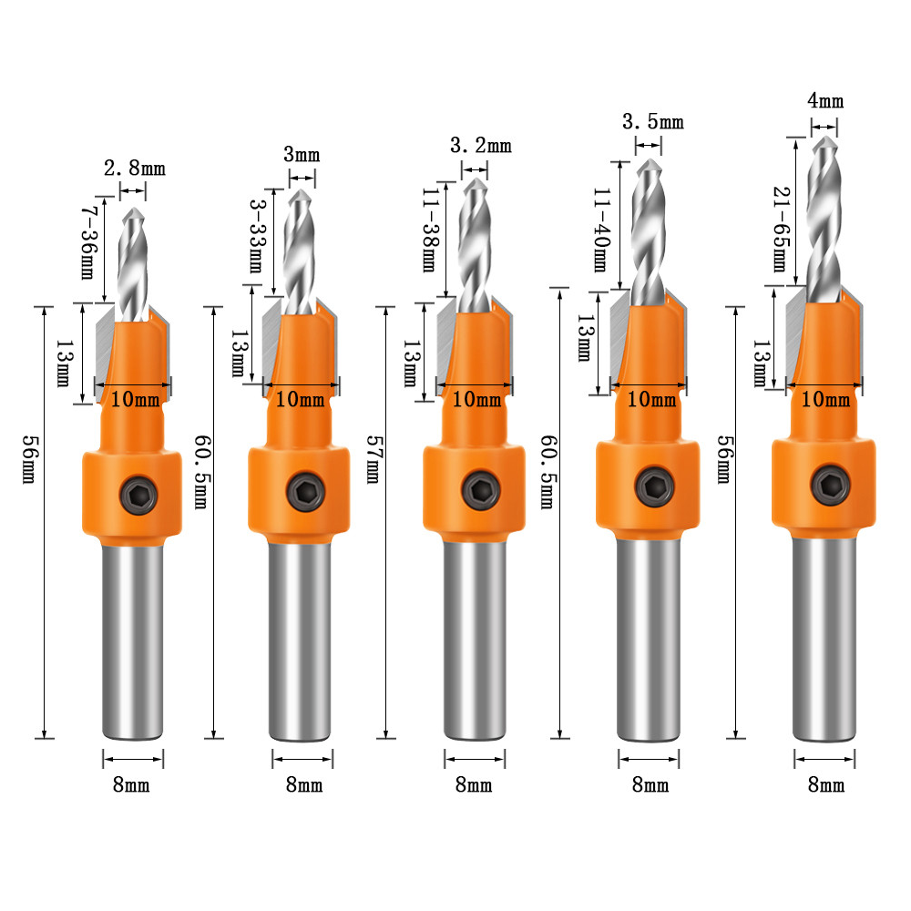 Drillpro-8mm-Shank-HSS-Woodworking-Countersink-Drill-Router-Bit-28x8-to-4x10mm-Carbide-Tip-Screw-Ext-1715814-3