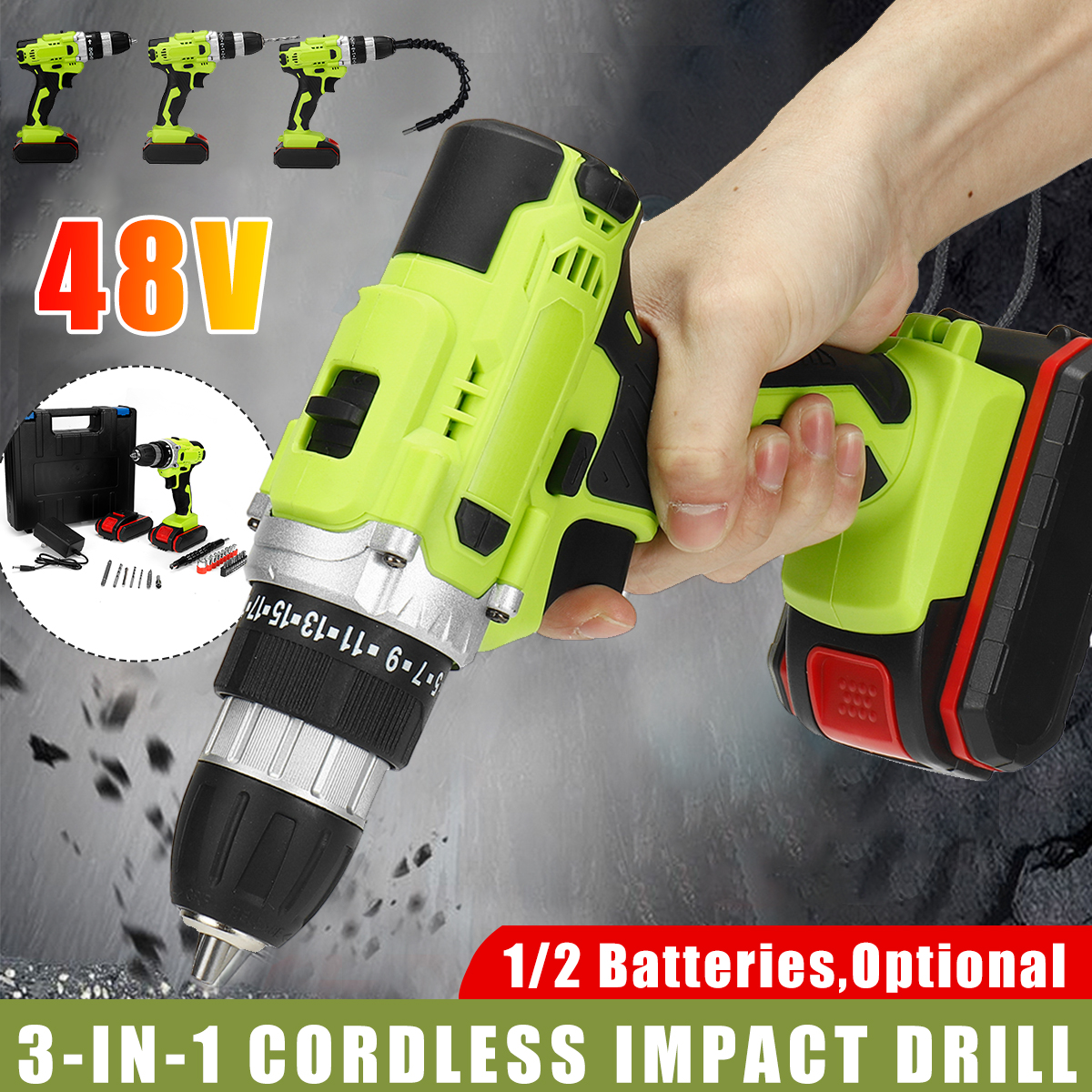 3-in-1-Multifunctional-Cordless-Electric-Drill-48VF-253-38-Inch-Chuck-Impact-Drill-W-12pcs-Battery-1839461-2