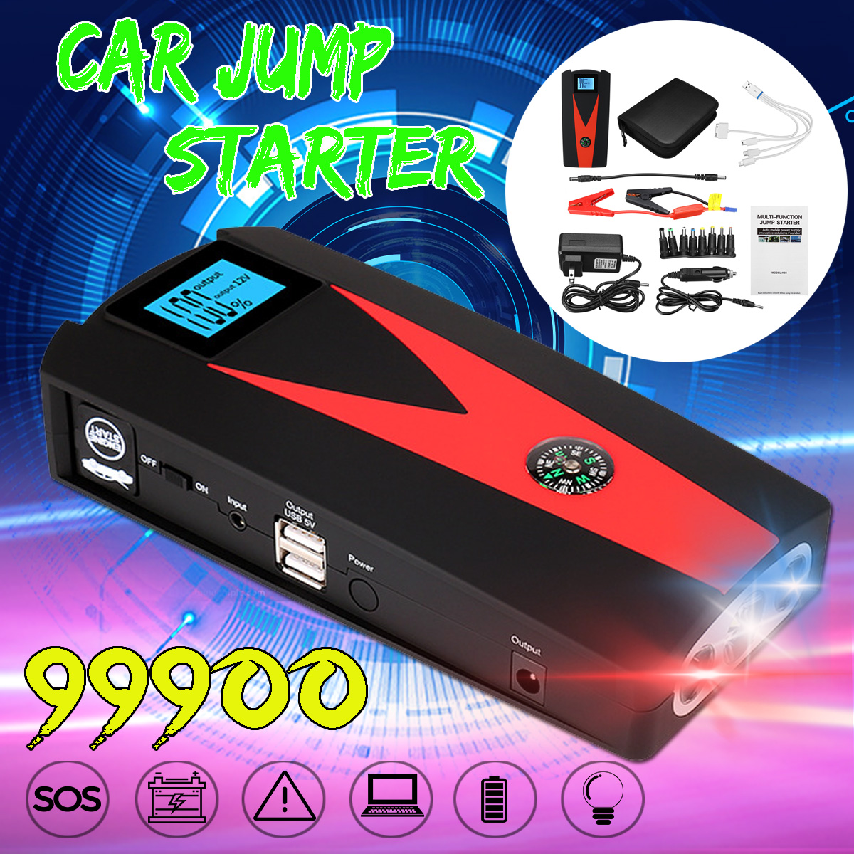99900-mAh-Dual-USB-Car-Jump-Starter-LCD-Auto-Battery-Booster-Portable-Power-Pack-with-Jumper-Cables-1421905-2